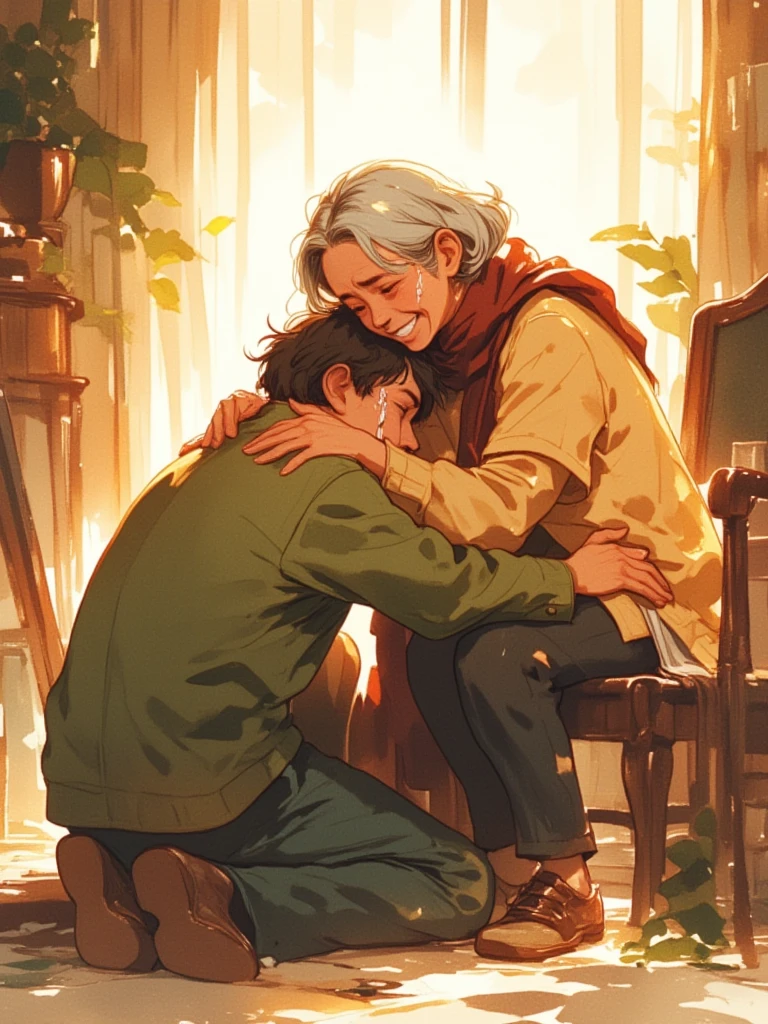 watercolor painting of a kneeling man crying in the embrace of an old woman. the kneeling man is crying. the old woman is seated on a chair, she is smiling warmly, hugging the kneeling man. full body shot of the two people. warm glow surround them. watercolor brushes stroke painting style. the surrounding is blurry.