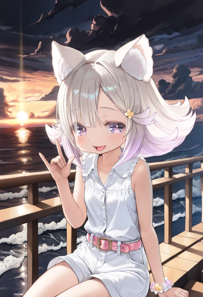 ((by Fugiki Akihito)), ((masterpiece)), ((Top Quality)), (8k), (detailed background:1.3), (SUPER DETAILS:1.2),(HD:1.2), (Professional Photography:1.2), (so beautiful:1.2), (abseur dress wearing r:1.2), (di m lighting), ((1 girl)), (cute young girl with narrow shoulders), ( healthy skinny body ), lustrous hair, (Asy m m etrical bangs, long side bangs), ( m ediu m hair, platinu m -gold hair, frizzy hair, gradient hair), (open m outh wide), seductive s m ile, , (Pale purple eyes, Sparkling Eyes, gradation eye, Beautiful Eyes), big eyes, (Put on some cat ears), (cute cheeks), glossy lips by max, plump lips, ( lower lashes), break, unconventional bracelet, (buttoned shirt, collared shirt, pure white shirt , bare ar m s), (white shorts in the beach house, Pink Belt, thick soled sneakers), exposed Lower abdo m en, above the tongue, ((\ m /)), (loose sitting on the lonely external staircase at sunset, Outdoors, Dark Clouds , sunset, surreal, raging waves , beautiful seaside resort, black the m e, dark background),