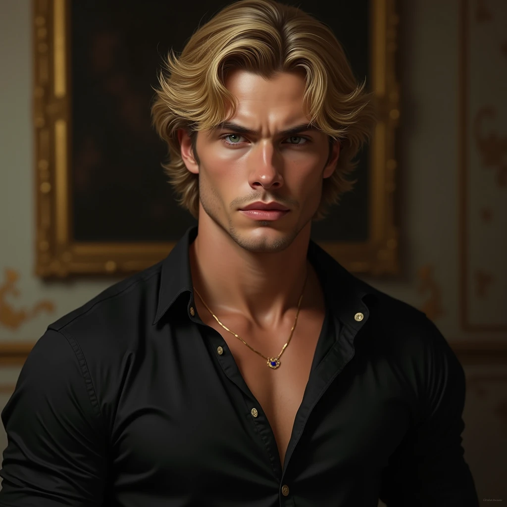 hyperrealistic full body oil painting, handsome MUSCULAR young man, perfectly handsome GOLD BLOND with a gold rubies men's tiara , muscular face and strong slightly furrowed brow and stern look, porcelain skin glow effect, green eyes, pale rosy cheeks,  chiseled jaw , serious guy, He's wearing a black shirt royal fabric (rey) In a dark gold and white room of a dark blurry palace.digital art,  HD quality
