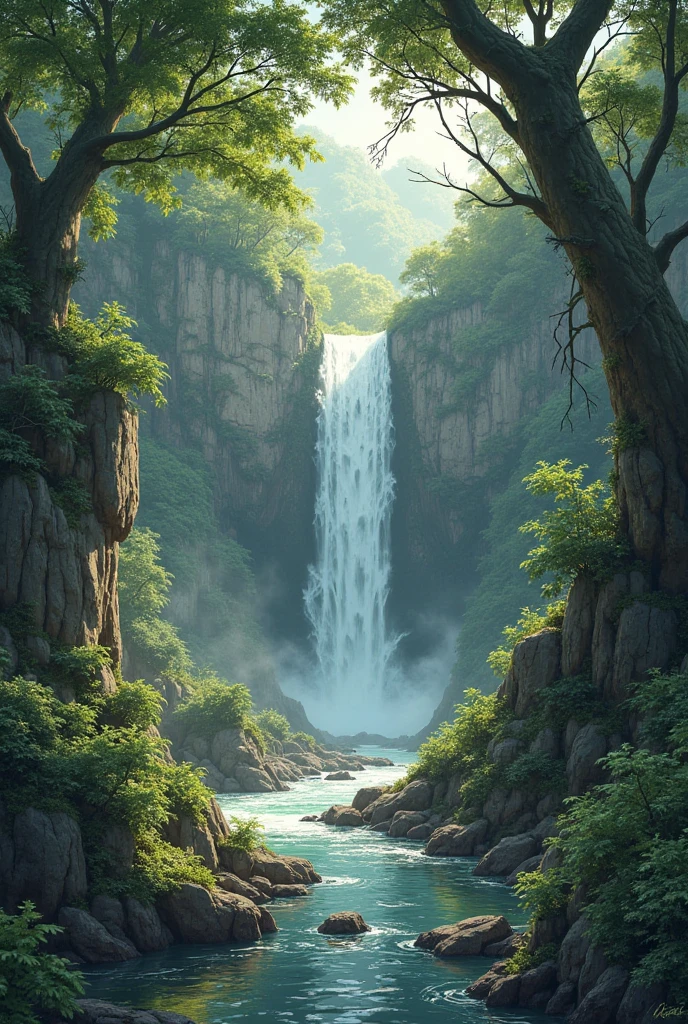 a 2d sketch of landscape, waterfall, tree, jungle, rock, river