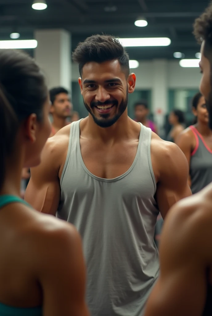  a smiling and beautiful indian actress in gym outfit carrying a large chubby man on her shoulders in a gym, man is sitting on top of her shoulders , man on top, woman at bottom 
