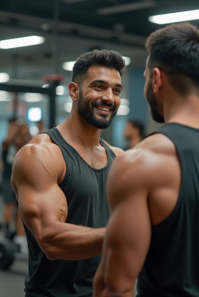 A young Maghrebi of 23 years 24 years clean shaven without beard and short hair selfie at the gym staring at the mirror with a charming look 