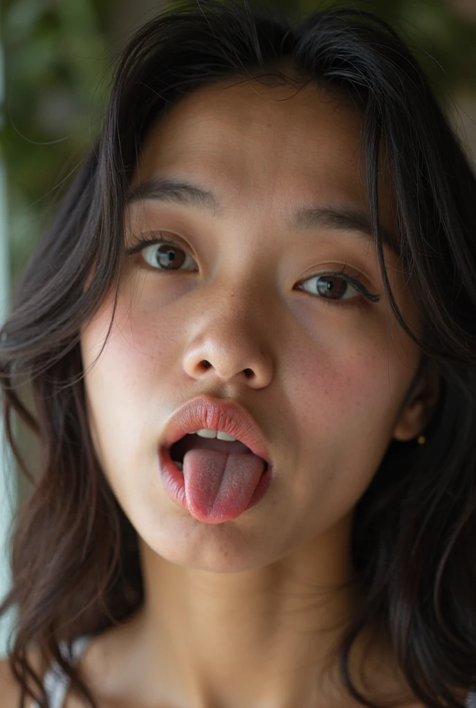 1 girl、debris flies、、award winning photos、very detailed、eye、nose、focus on the mouth、close up focus on face））、口を開けてeyeを閉じた女性、35 years old、black hair、しわeye：1.1、symmetrical face、リアルなnose孔、from belowのアングル、細長いC字型のnose孔NSFW、sweaty skin、Lighting that emphasizes the skin that shines with sweat、((鋭いnose))Skin shiny with sweat、shiny skin、sweaty hair、上eye使い、(wrinkles between eyebrows))(cum on tongue)Lighting that does not cast shadows on your face、from below、(hotel door women uniform、)long tongue、nose下人中が汗で光る、drooling.((drool dripping from the tongue、saliva drips from the tongue))、(((Drool bubbles remain on the tongue、)))female doctor、white clothes、Stethoscope、shortcut、