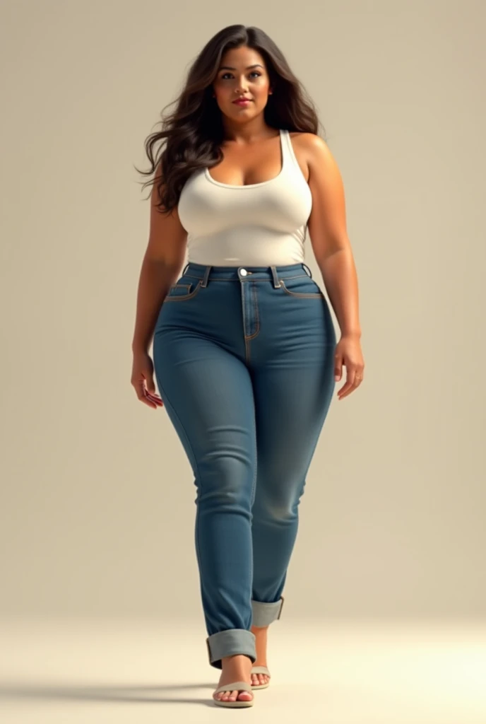((Full body)), (low head 1.5), A little sloppy body type and small breasts, masterpiece, tight denim pants, chubby but small breasts, very thick legs++, Full body+, Solo, Swollen face, Moderately fat body type+, 1 woman, wide shoulder, (white long sleeve tutleneck 1.5,) tight turtle neck, light blue Denim pants, thick thighs, low rise light blue denim pants, solo, simple background, masterpiece, best quality, black hair, asian face, single eyelid, smile
