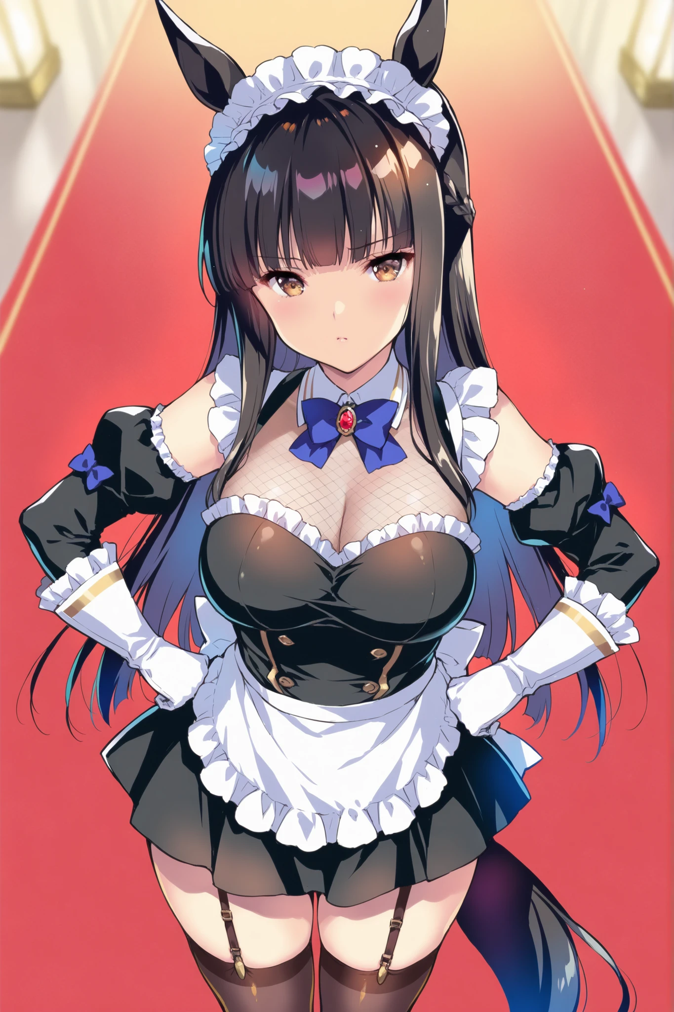 slender, mature female, card, fishnets, fishnet_legwear, animal_ears, playing_card, bunnysuit, rating:safe, bunny_ears, long_hair, leotard, pantyhose, breasts, bow, 1girl, detached_collar, holding_card, bowtie, strapless, black_leotard, solo, gloves, black_bow, black_neckwear, strapless_leotard, bare_shoulders, wrist_cuffs, looking_at_viewer, cleavage, fake_animal_ears, elbow_gloves, black_gloves, black_hair, bangs, bunny_girl, black_hairband, brown_eyes, large_breasts, cowboy_shot, eyebrows_visible_through_hair, hairband, fake_tail, heart, bunny_tail, brown_hair, tail, closed_mouth, from_above, sidelocks, medium_breasts, holding, standing, collarbone, checkered