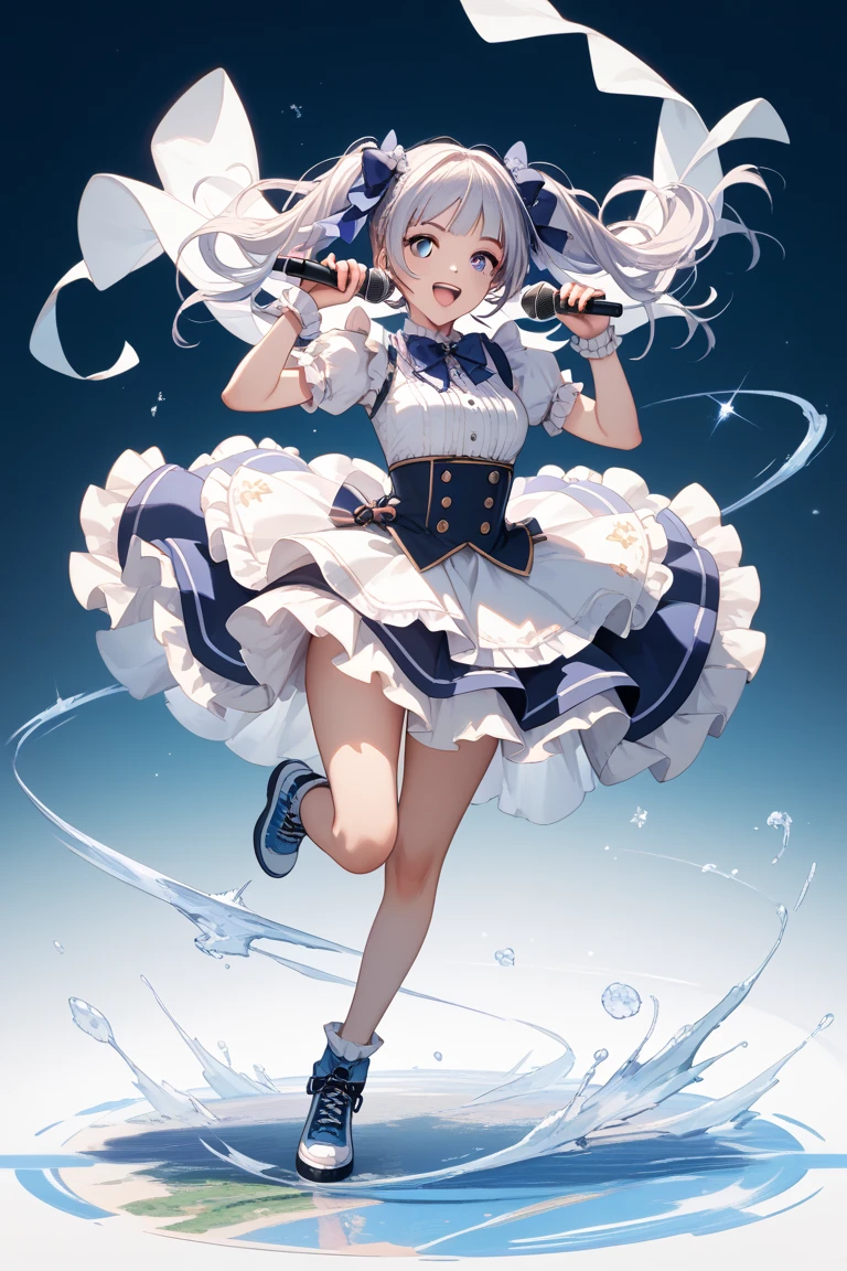 masterpiece, best quality, 1girl, mechanical halo, solo, short hair, single braid, school uniform, blue shirt, long sleeves, white bowtie, white choker, white hairband, white sailor collar, white skirt, long skirt smile, blush, looking at viewer, midriff, <lora:aronaBlueArchive_v1:1>, open mouth,
<lora:worldflipperstyleV3:1>, simple background, dynamic pose, full body