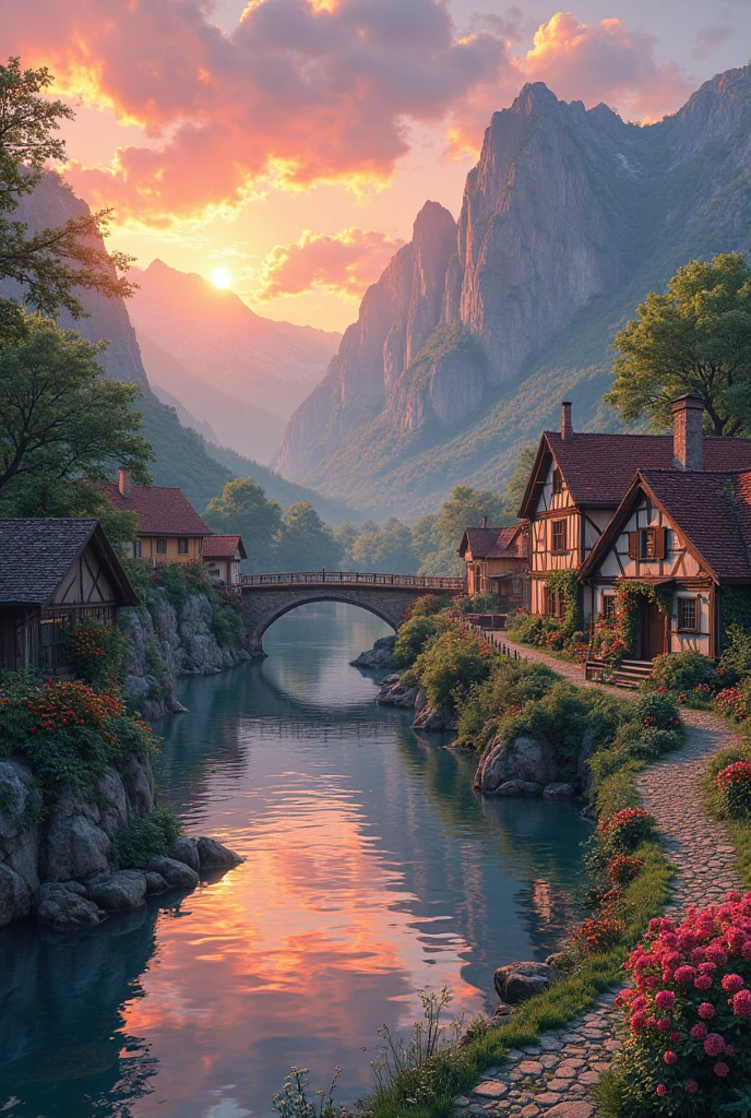 a small village by the river, mountains in the background, floral flowers colorful, detailed landscape, Beautiful natural landscapes, atmospheric lighting, scorching sunset, warm colours, practical, photopractical, Detailed Foliage, complex buildings, cobblestone street, Charming country house, swirly vibrant colors, lush vegetation, Still water reflections, Picturesque, idyllic, work of art, best qualityer, 8k, extremely detaild,anime styling