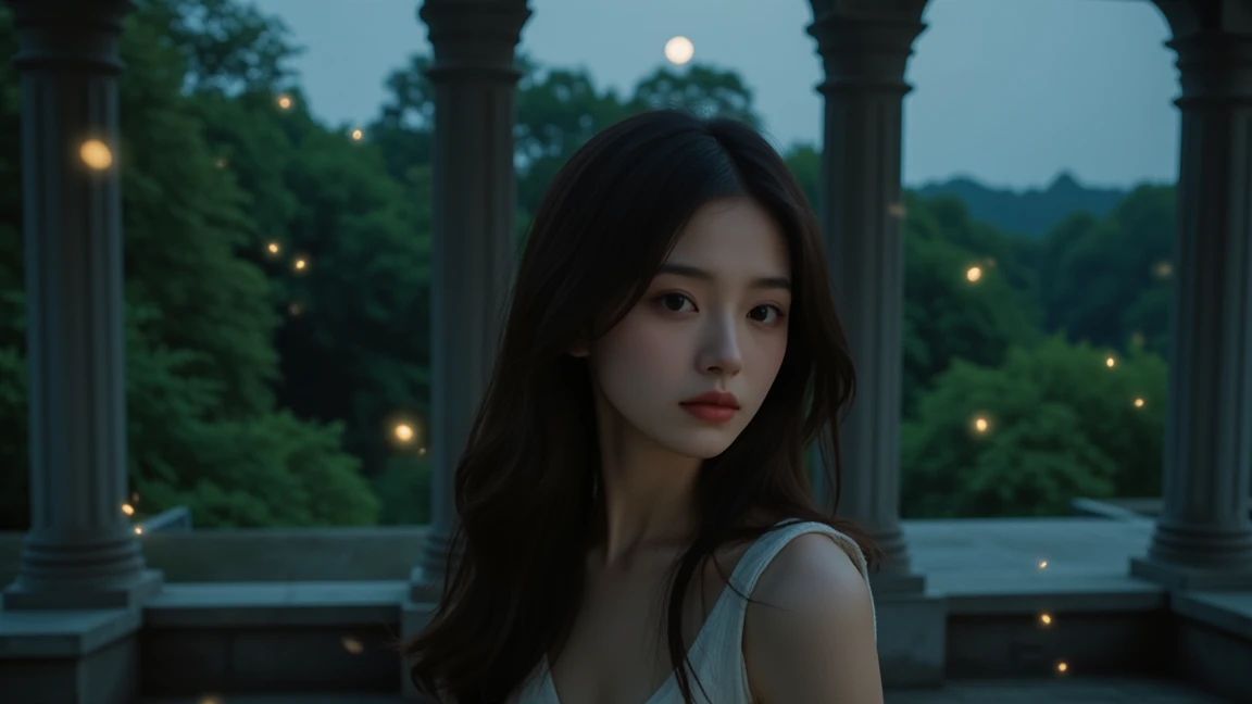  long hair, Woman 1, rooftop, night, In the forest,street light,colonnade,Backlight,Best,high res, perfect , Firefly,