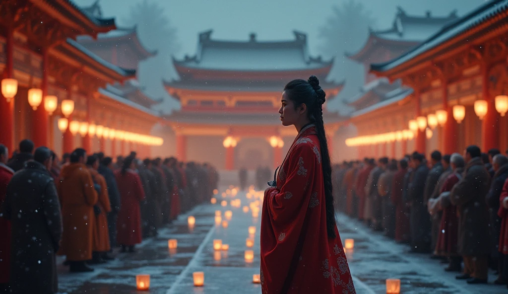 In the palace courtyard, Princess Ning addresses the common people. Her voice is steady as she speaks of loss, of courage, of survival. Lanterns flicker above the crowd as snow begins to fall—an omen of change, peace, or submission.
