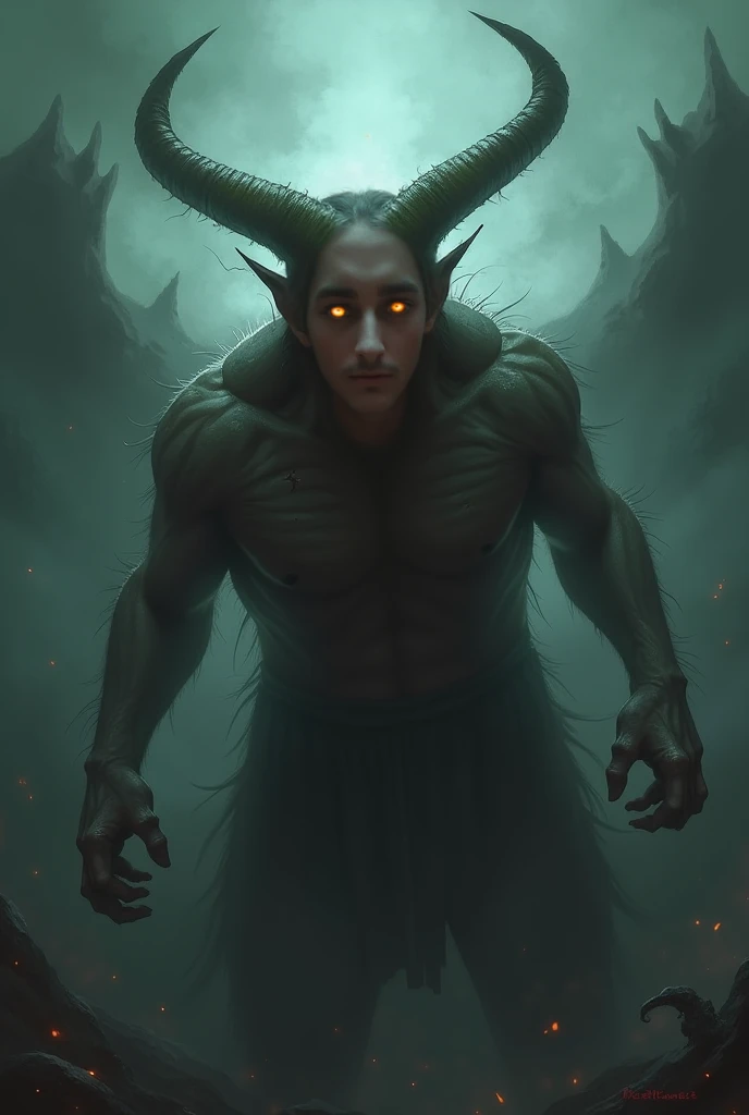 Long tied black hair,man, with out wearing shirts, showing medium body physic, wearing a black demon helmet , helmet eyes are flaming in green fire
