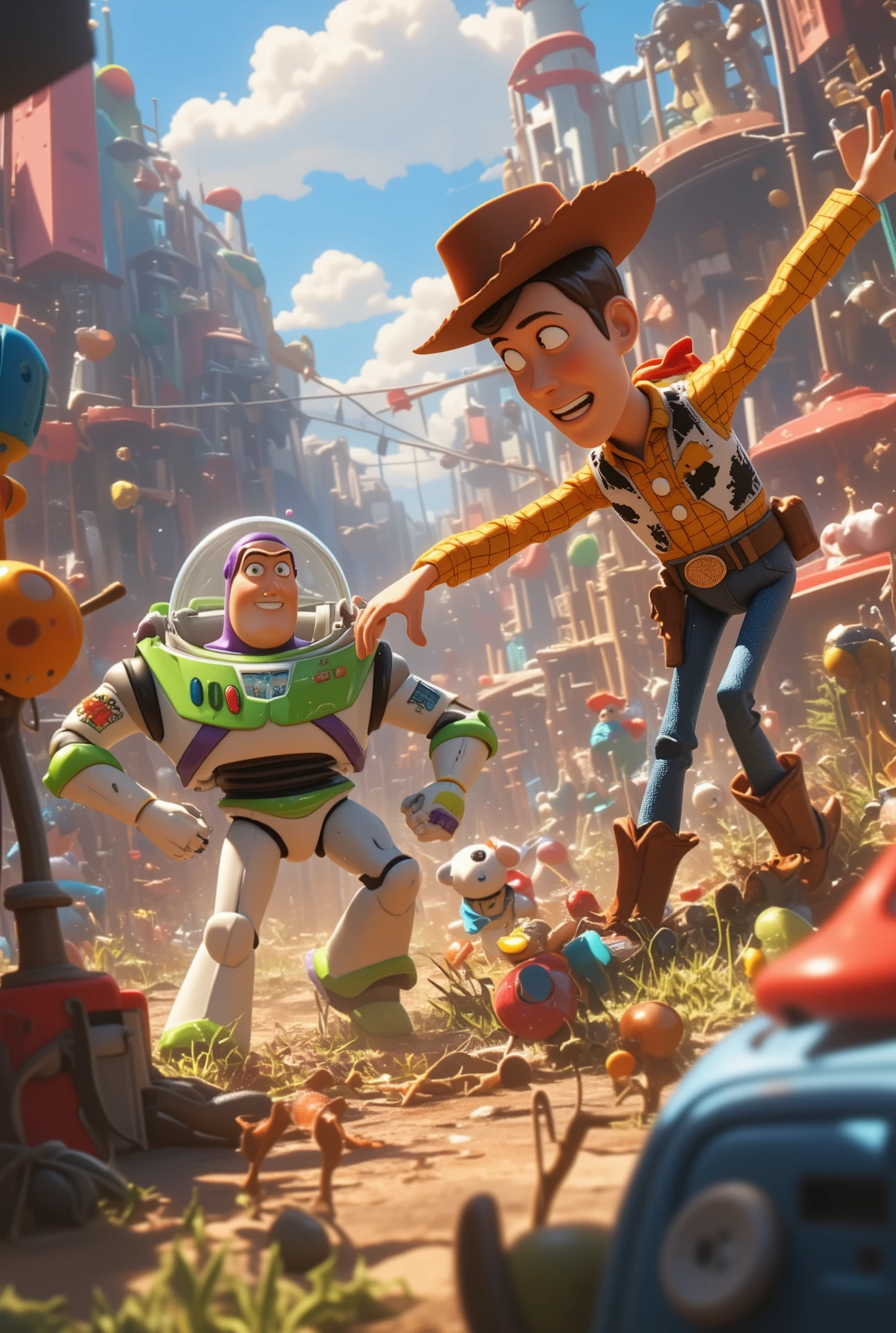 masterpiece, Best Quality, details, ミクロワールド, disney anime movie, Toy stories, buzz, woody, micro toy figthers, battle with 