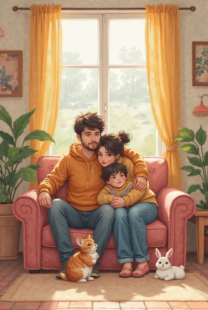 Draw me parents(dad 34, Mom 23) With two s, son and daughter about 4-. Parents hug together watching TV and ren play together in the hall next to parents. They also have a pet rabbit, dove and cat. The house should have three bedrooms and family members should sit in the hall 