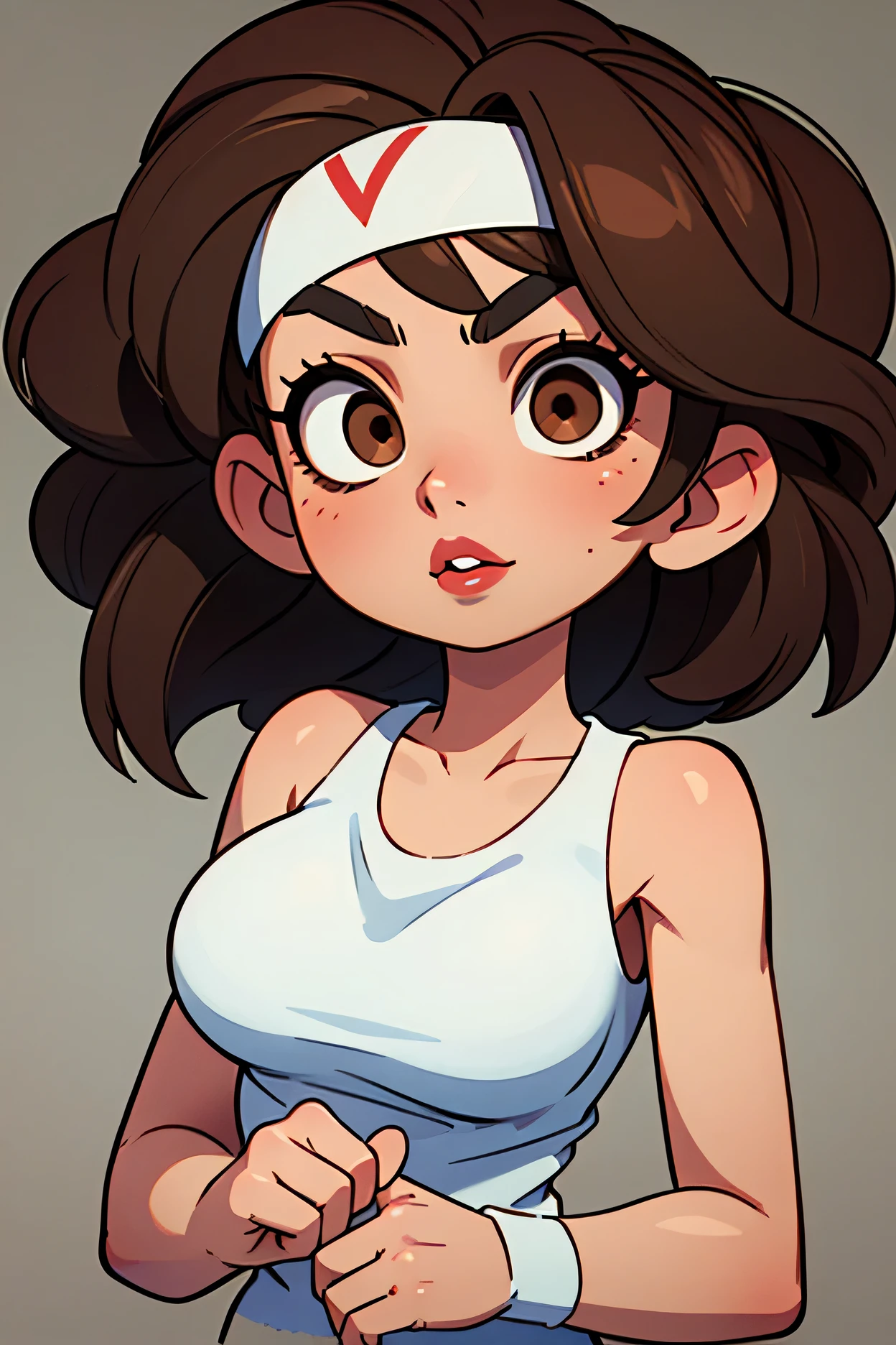 perfect face, straight hair, lightest brown hair, (((white headband))), black eyebrows, thick eyebrows, black eyeliners, big eyes, (((brown eyes))), bright red lips, thick lips, beautiful woman, white tank top, medium breasts