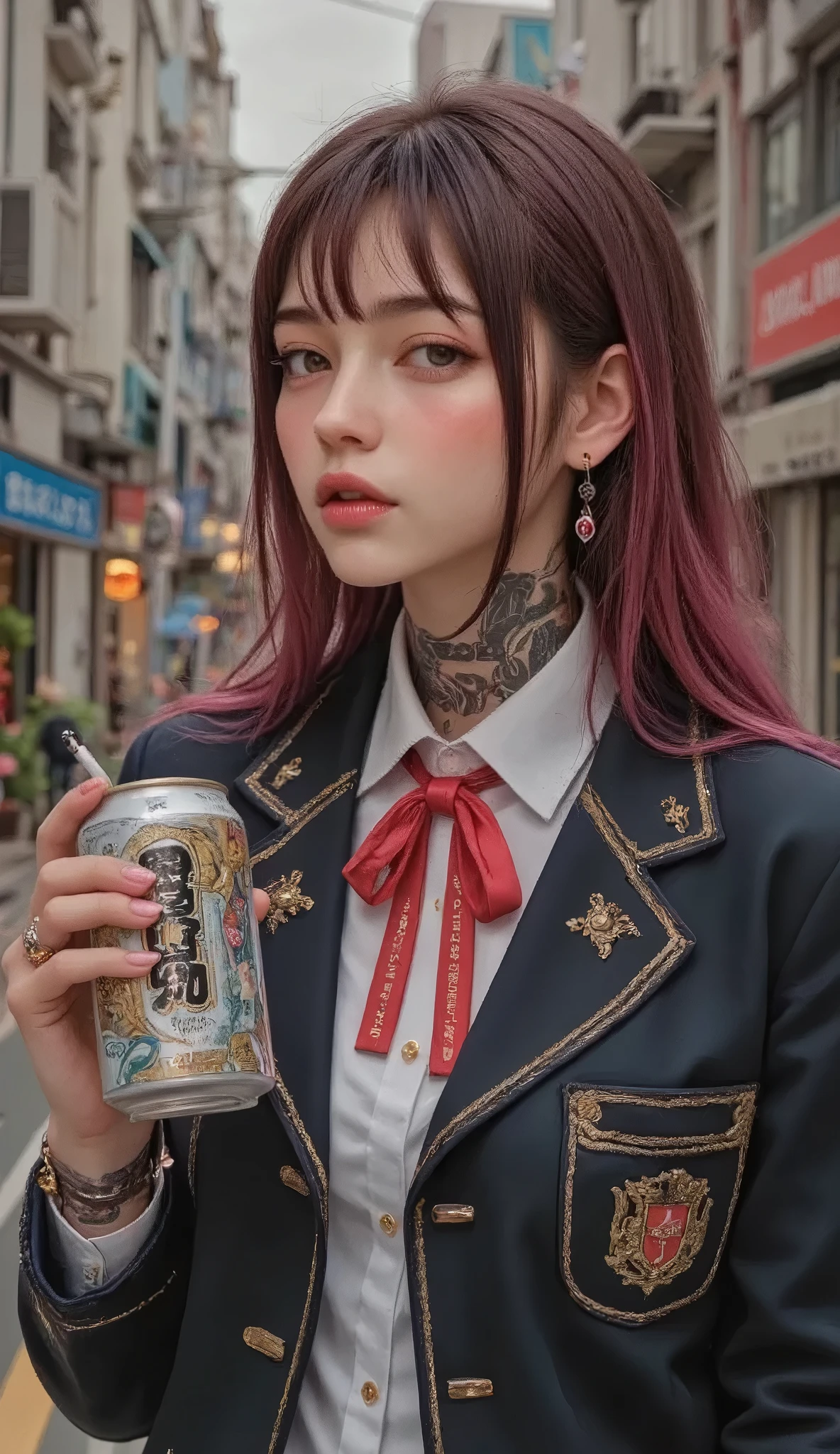 ((real mix、 ultra high definition image 、Top Quality、masterpiece))、((Wear a Japanese girls' high school、navy blue blazer、emblem、white thin fabric blouse、red ribbon tie、check mini skirt))、((Beautiful Japanese girl、long hair dyed pink、pretty face、二重eyelidの大きな目、アヒルのlips、厚いlips))、((slender figures、Round and beautiful breasts、constricted waist、long legs、Long arms))、(((Realistically accurate depictions with all detailed details、(lots of earrings、nose、ear、lips、eyelid:2.0)、Mr.々Accessories、( Beautiful Tattoo 、bold tattoo:2.0)、))、(((He holds Japanese canned beer in his left hand、Draw canned beer realistically and accurately、I'm picking a cigarette with my right hand and smoking、Real cigarette smoke、喫煙するMr.子をリアルに正確に描く:2.2)))、((((Beautiful high school girl smoking cigarettes, drinking canned beer, and relaxing、Draw smoky cigarettes realistically and accurately、realistically and accurately the size of a beer can、Scale))))