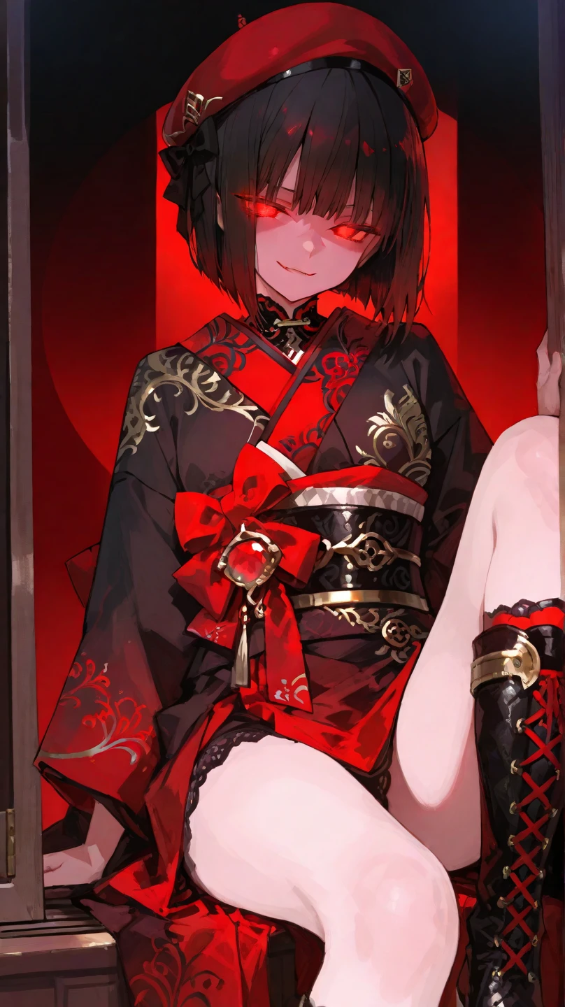 Black short-haired girl with doll head and flat chest，Demon horn，kimono，thong，Bare Legs，Kneepads，Standing，On the torii gate