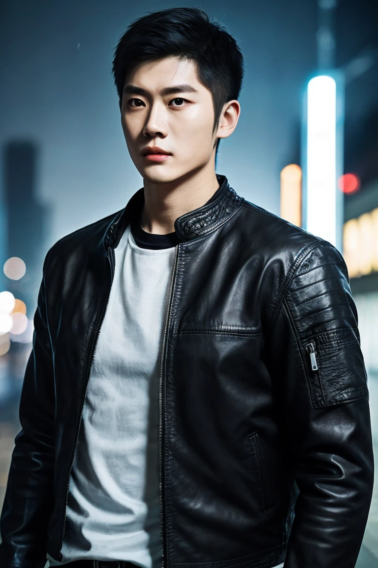 A man, from Lookism manhwa, displaying police officers from Korean, with gray jacket written “police” on it with Korean, hair sideway, holding his hands upward, like a blade, with sheathed pistol on his wrist, at night, night time, dark background, soft weak smoke from background