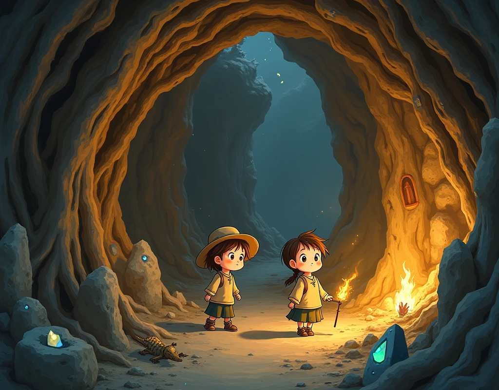 Ghibli-like design of a boy and a girl exploring a mine accompanied by a lizard under the light of torches.
