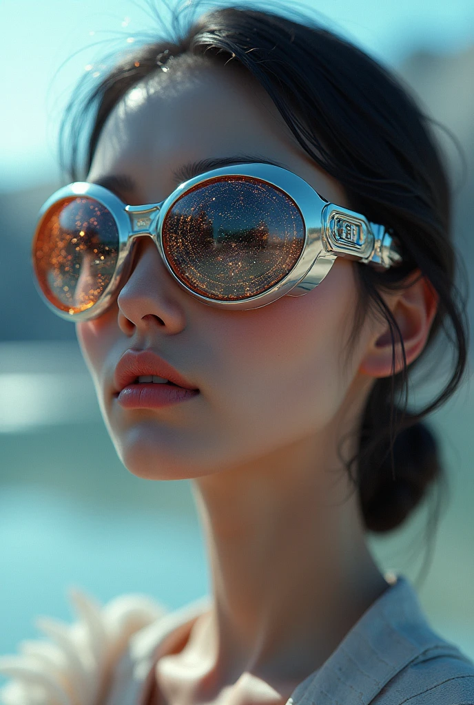 The model is wearing glass sunglasses with stars and the moon on the glass