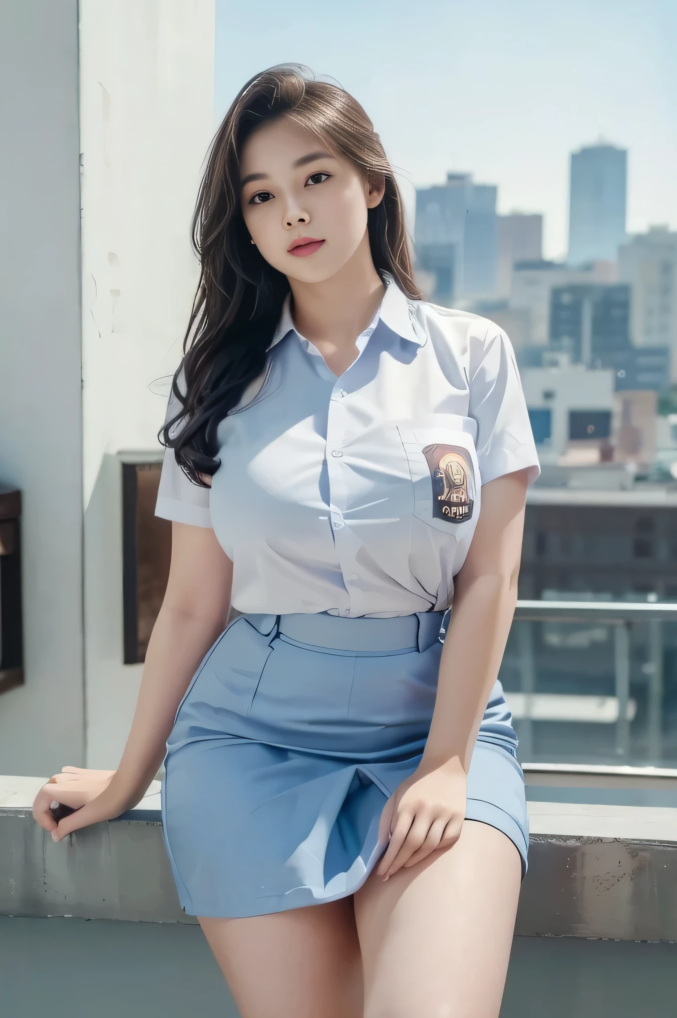 1girl, solo, 19 years old, (uniform), detailed Metropolitan city at the background, portrait, thick breasts, semi-curvy body, smooth realistic skin, white shirt, grey blue short skirt, looking at the audience, cowboy shot,(8k, RAW photo, best quality, masterpiece: 1.3), (realistic, realistic: 1.37), ultra-high resolution, cowboy shot