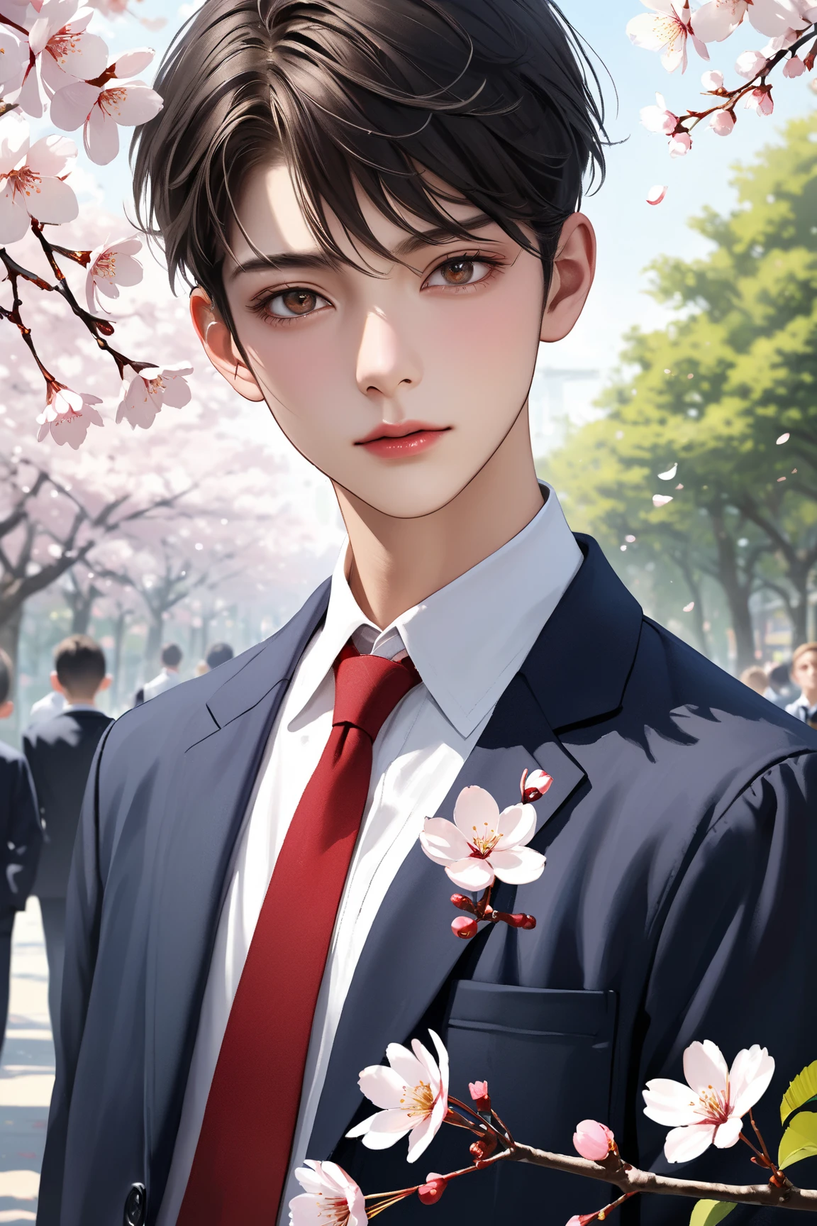high quality, realistic, white cherry blossoms,　school boys,