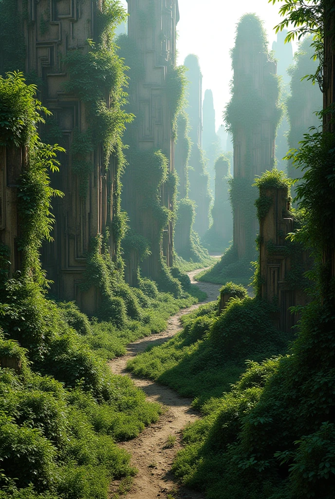 Make an abandoned alien base where vegetation has regained control of the area

The buildings are not very big they look like houses 