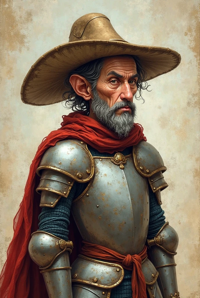 Create an image of Don Quixote with a tough complexion thin elongated skinny face with an old armor barber's helmet like a cartoon style hat looking from the front that is not realistic