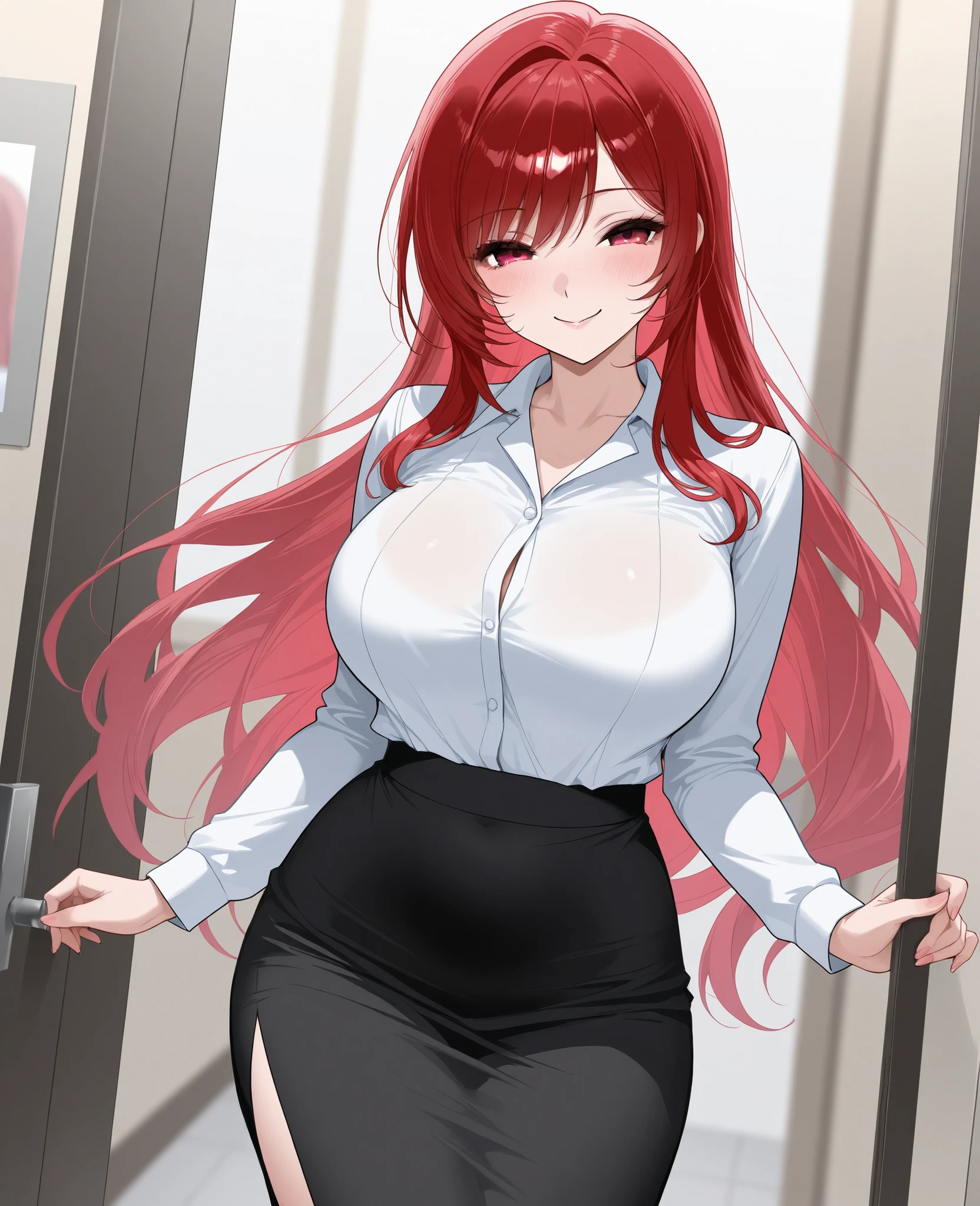 beauty Married Woman Age 30 red hair long hair charming glamour Office Lady shirt slit skirt sexy disgusting expression smile narrows her eyes back view