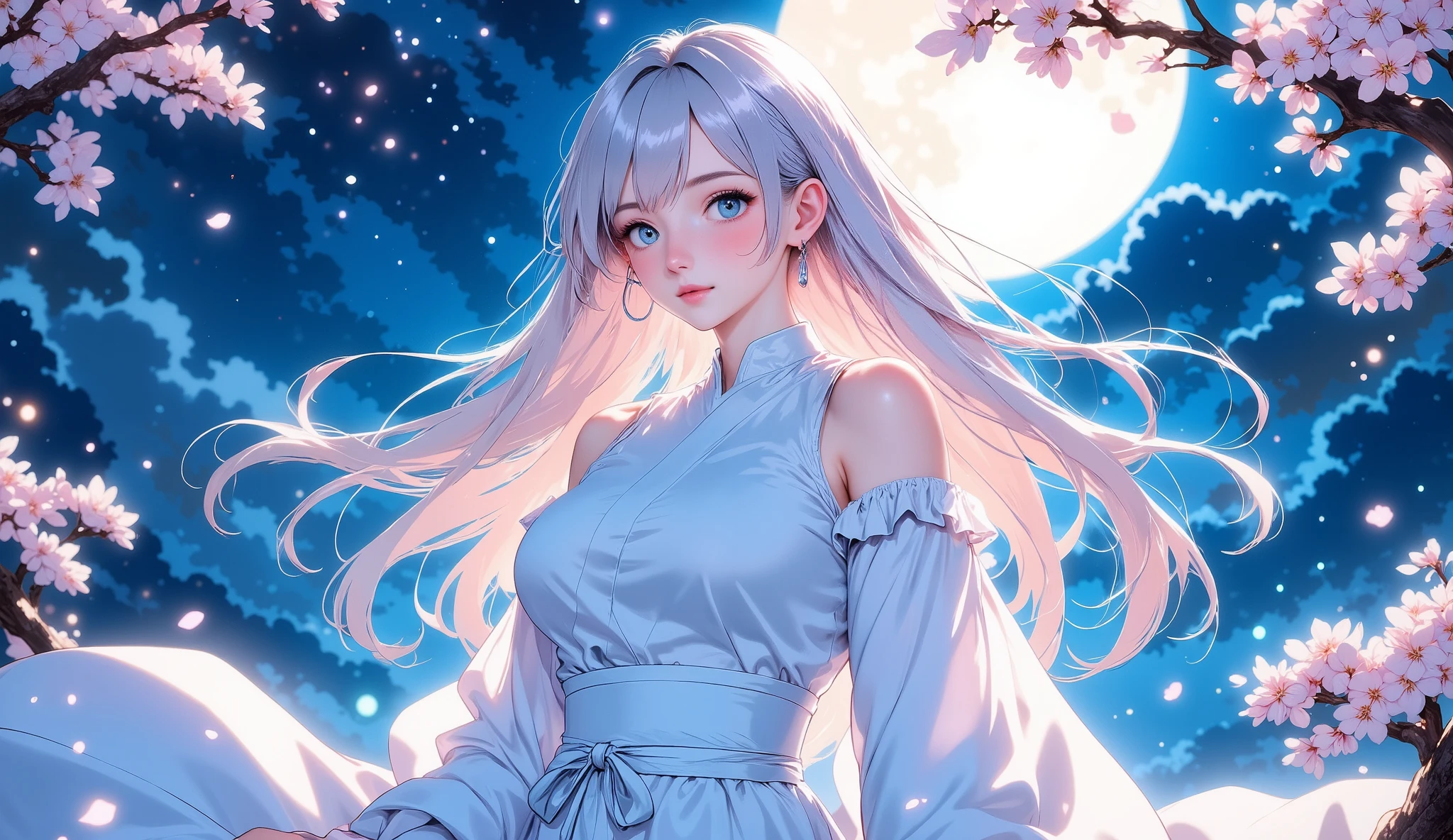 A graceful anime-style woman with silver hair in a flowing white kimono, standing under moonlit cherry blossoms. Magical ambiance, soft glow, tranquil expression, Studio Ghibli-style art, high detail, romantic atmosphere