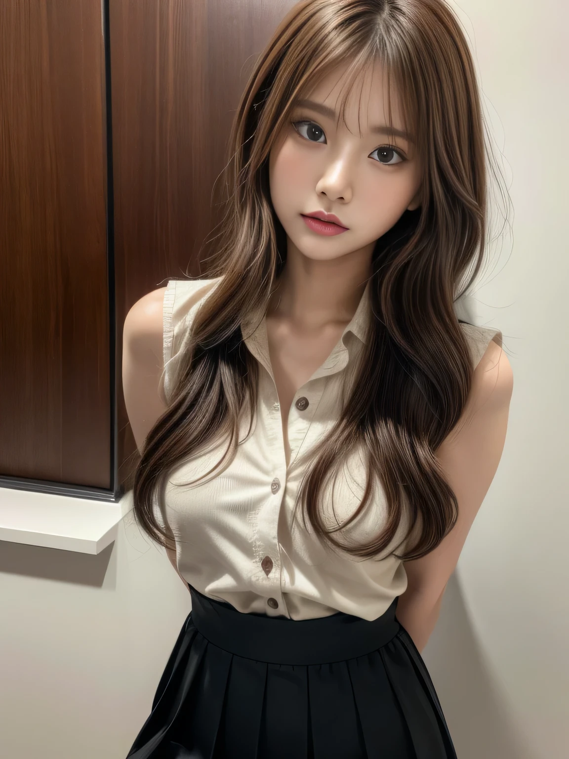 Highest quality, Ultra-high resolution, (Realistic:1.4), One girl, Button-down shirt, Black Skirt, School, Dark brown hair, chest, (Blonde:1.2), View your viewers, (Highly detailed face:1.1),,  (Purelos Face_v1:0.8),Tick tock,  