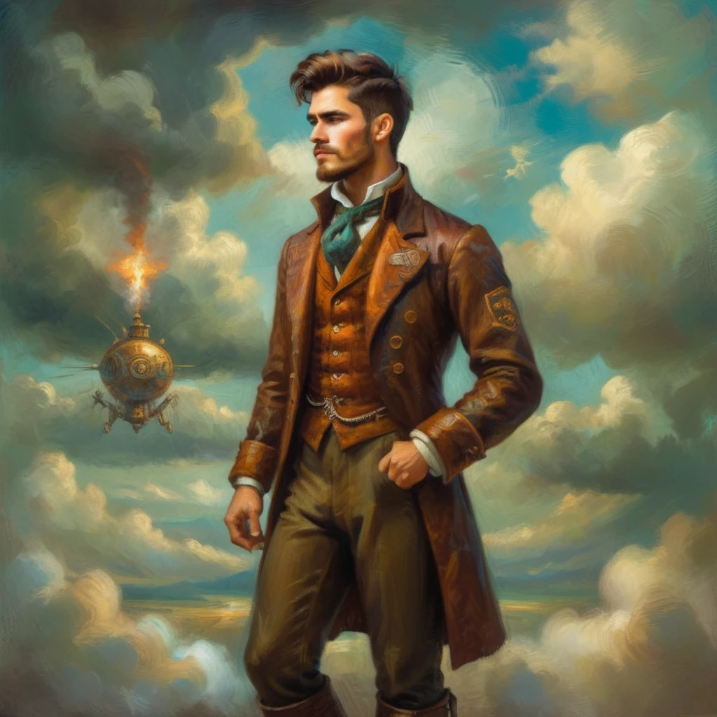  A fresco in the style of oil painter depicting a steampunk very ???? man in the clouds. Full body. Background is in the war. A lot of steampunk details. The atmosphere is a combination of classical art and a light touch of steampunk aesthetics. Full of steampunk details.