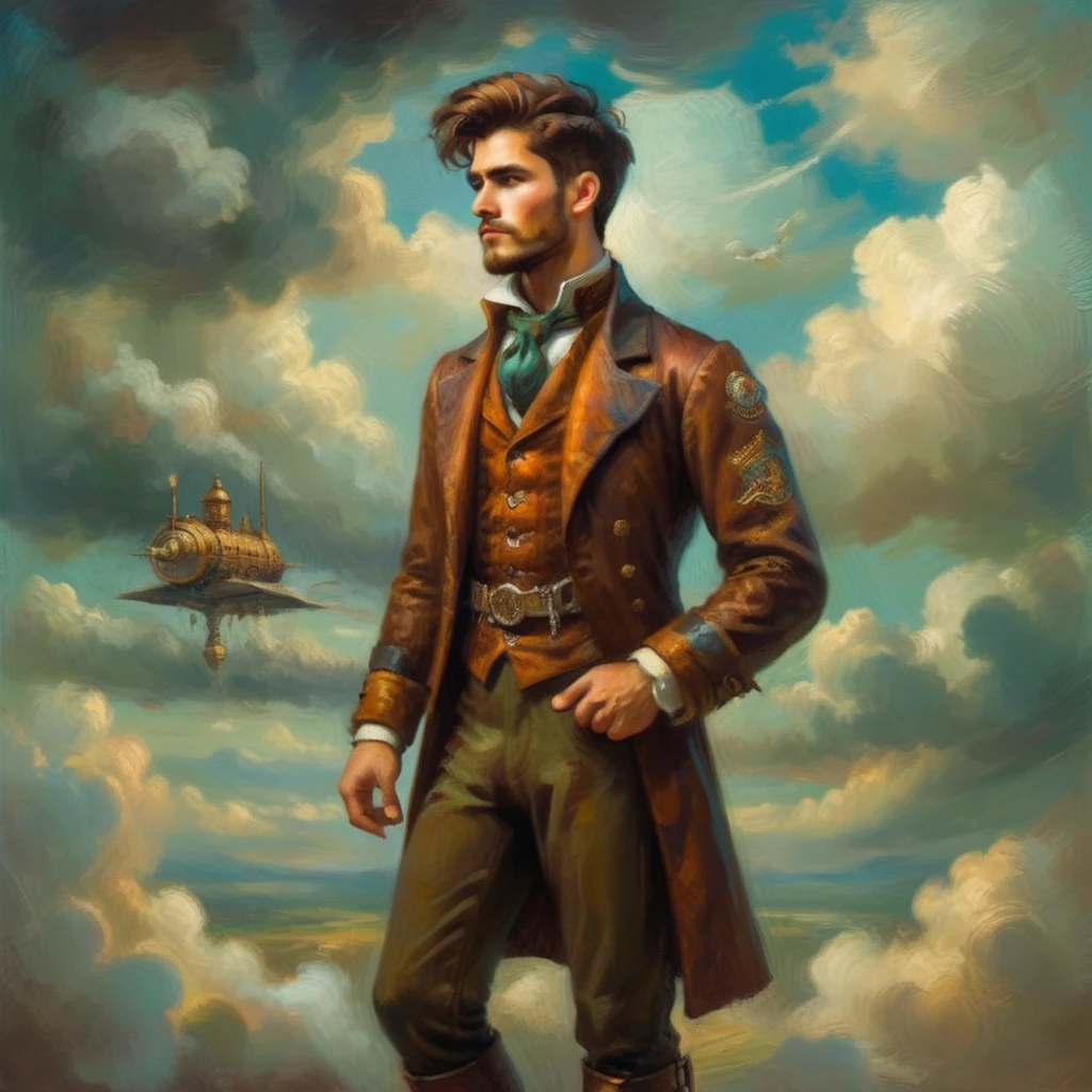 A fresco in the style of oil painter depicting a steampunk very man in the clouds. Full body. Background is in the war. A lot of steampunk details. The atmosphere is a combination of classical art and a light touch of steampunk aesthetics. Full of steampunk details.