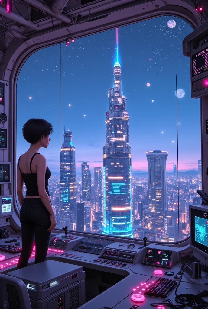 futuristic urban cityscape, dark short hair, minimal outfit, standing with back turned, focused on the city skyline, looking out a large window, neon-lit control room, high-tech equipment, stars and planet visible in the sky, strong contrast lighting, mysterious and contemplative atmosphere, side view, expansive view of a sprawling metropolis