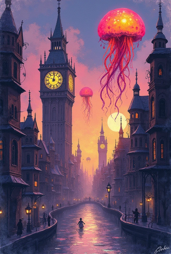  “whimsical crayon drawing of a cityscape of clock towers and flying jellyfish. warm color palette” a masterpiece, 8k resolution, dark fantasy concept art, by Greg Rutkowski, dynamic lighting, hyperdetailed, intricately detailed, Splash screen art, trending on Artstation, deep color, Unreal Engine, volumetric lighting, Alphonse Mucha, Jordan Grimmer, purple and yellow complementary colours