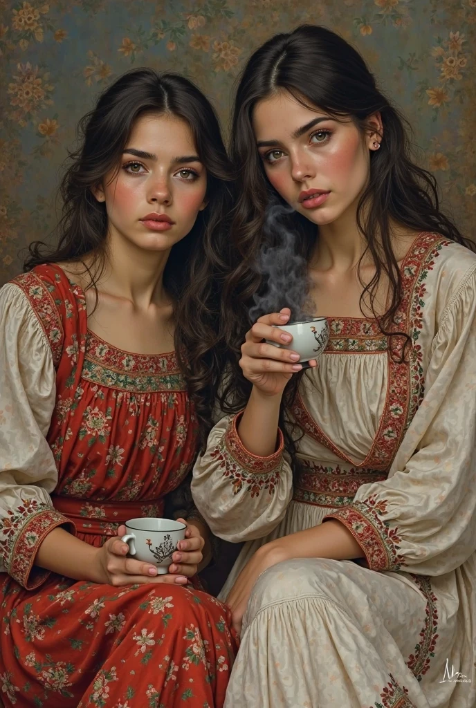 two kurdish girls sitting and on of them is smoking while the other one is drinking tea they wear traditional kurdish clothes they have beaautiful hair and beautiful face too they have thick eyebrows and pale skinbig eyes,eugene delicrox painting style