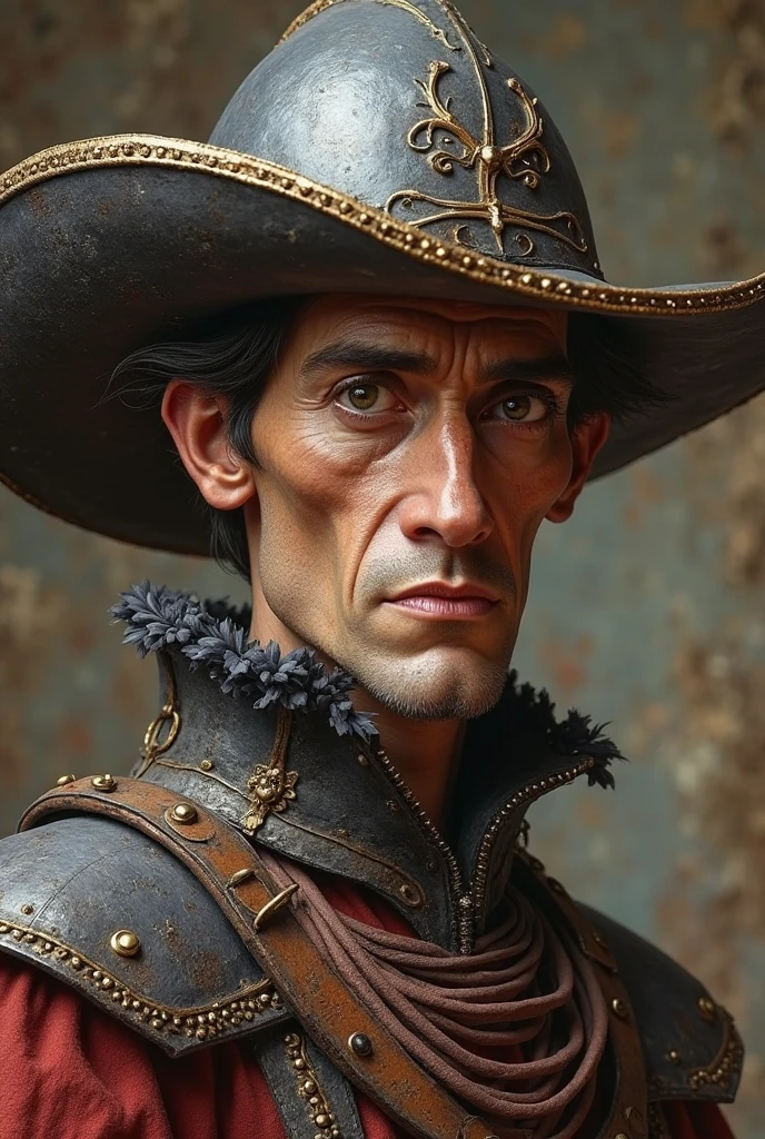 Create an image of Don Quixote with a tough complexion, a thin, elongated skinny face with an old armor (barber's helmet) like a cartoon style hat looking from the front that is not realistic without volume or shadows