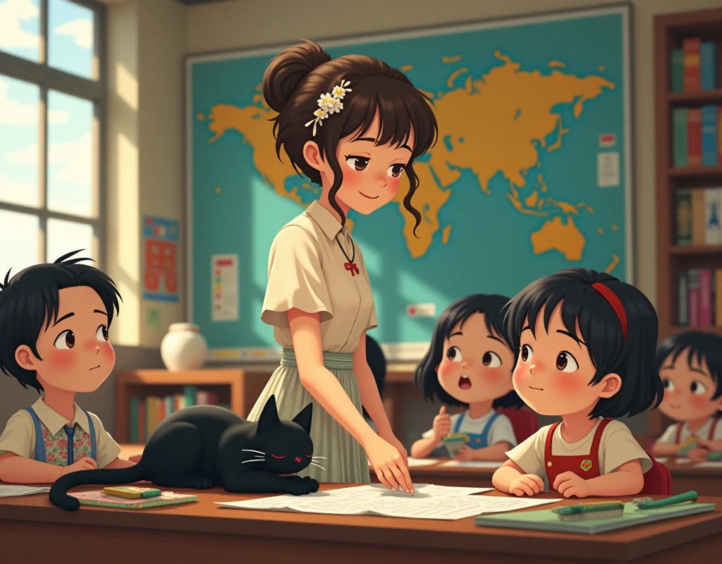 Ghibli-style design of a teacher teaching several unruly students in a classroom while a black cat sleeps on her desk and there is a world map.