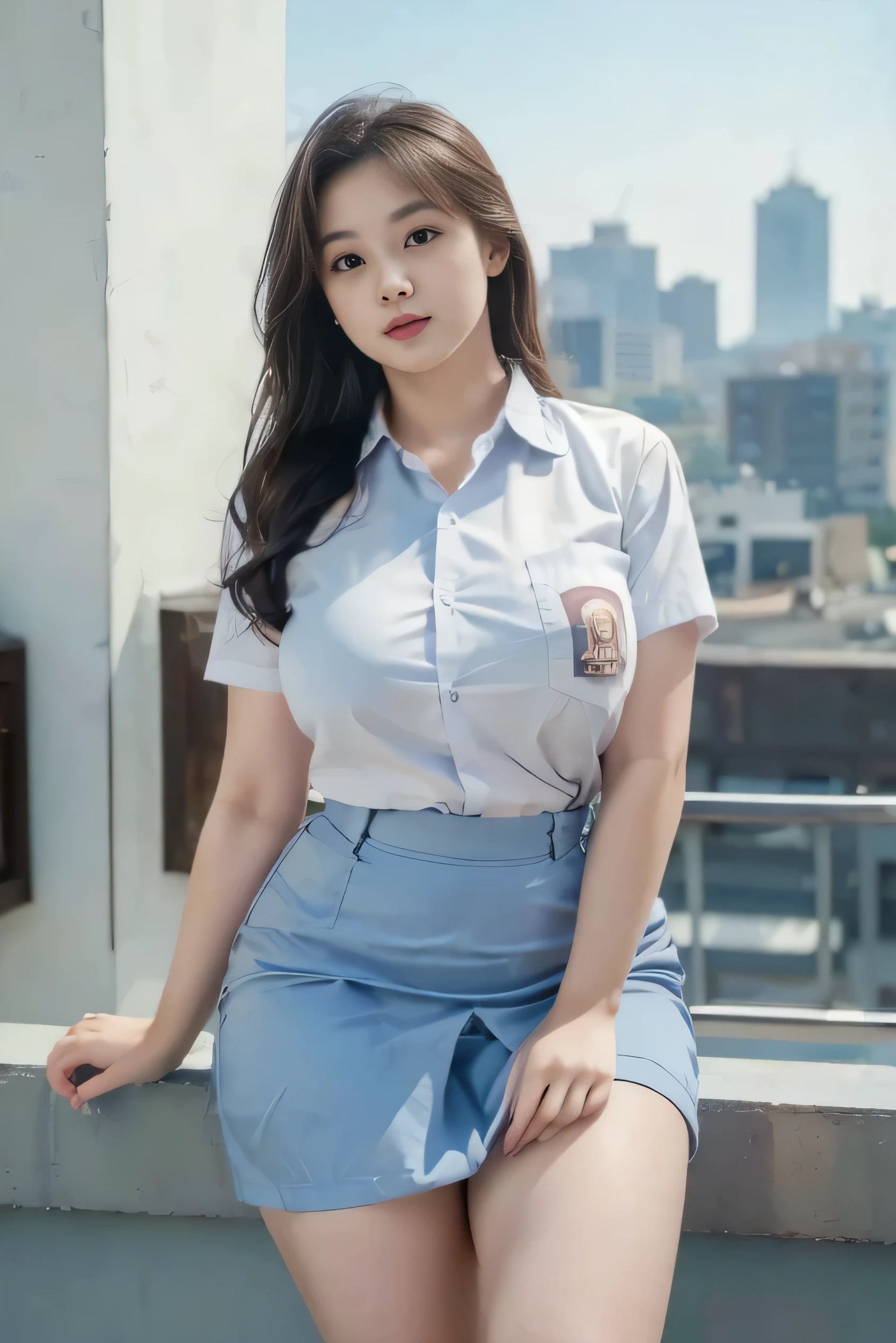 1girl, solo, 19 years old, (uniform), detailed Metropolitan city at the background, portrait, thick breasts, semi-curvy body, smooth realistic skin, white shirt, grey blue short skirt, looking at the audience, cowboy shot,(8k, RAW photo, best quality, masterpiece: 1.3), (realistic, realistic: 1.37), ultra-high resolution, cowboy shot
