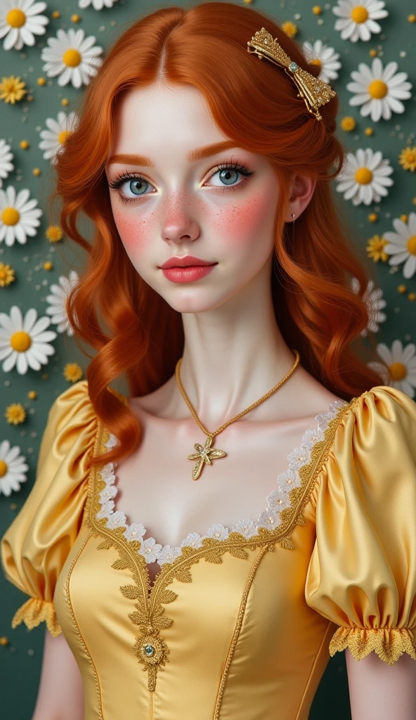 A realistic portrait of a 25 years old woman, ginger hair in soft waves, light blue eyes, freckles on cheeks and nose, parted lips, wearing a princess pale Yellow dress with puff sleeves and a honey coloured bodice with Golden embroderies, looking sweetly the viewer, daisies on the wall, She has a Golden clip in the hair, 