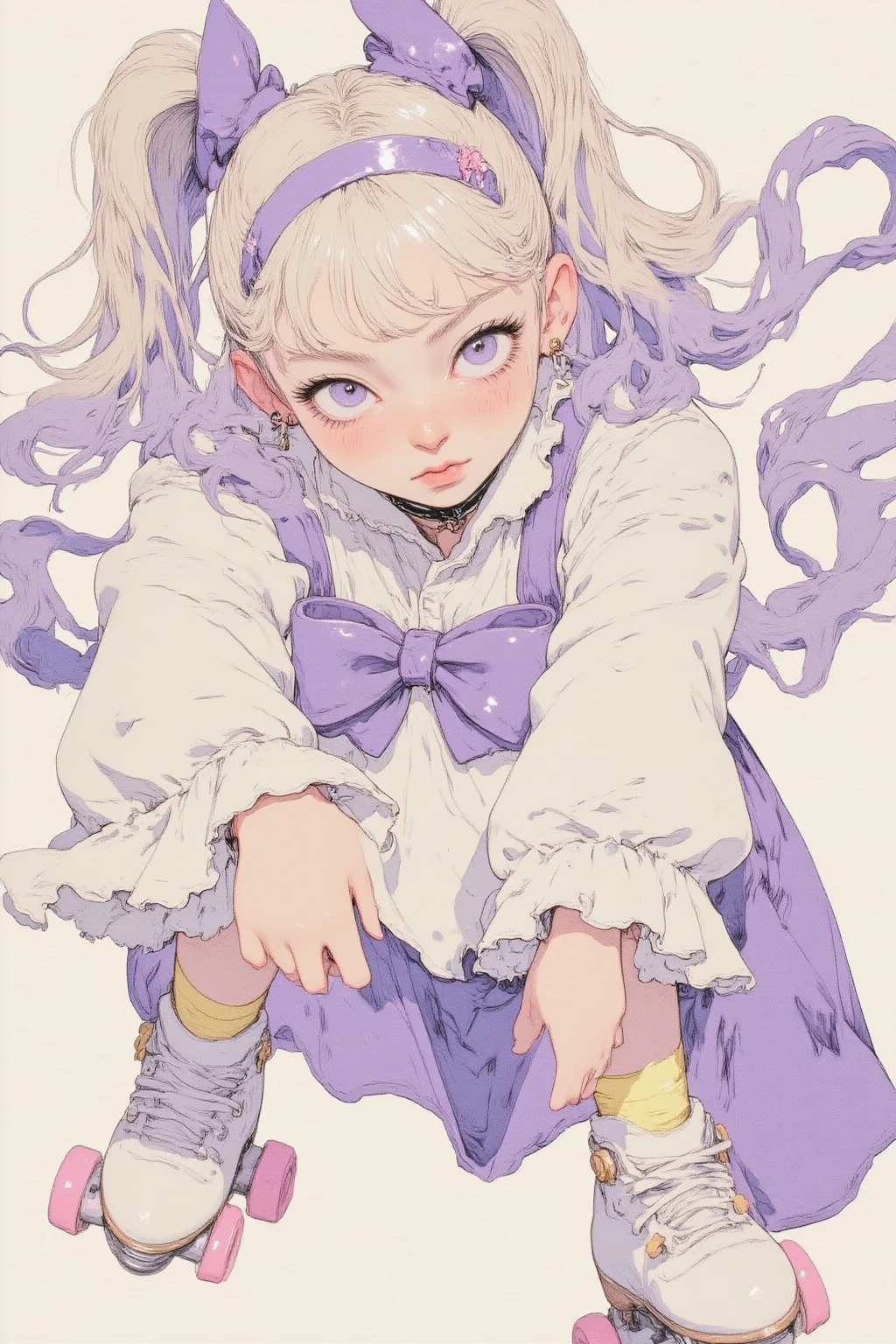 headband,Roller Skating Girl Has Purple Ribbons and Wavy Blonde Hair,short dress with purple bow,Purple and white outfit,characteristic pastel tone,posing as if the girl is gliding and jumping energetically,long sleeve with cuffs, dynamic when the screen is close,Decorative collar and ruffles,girl wears roller skates,Yellow socks,cute and colorful illustration of a girl with a surprised expression,soft, playful,Cartoon Art,dynamic when the screen is closeなポーズ, sidemap, playful活気のある雰囲気,flat and white illustration style, high-contrast colors,  digital art,背景はパステルピンクのグリッドパターンでplayful果物のイラストが点在している