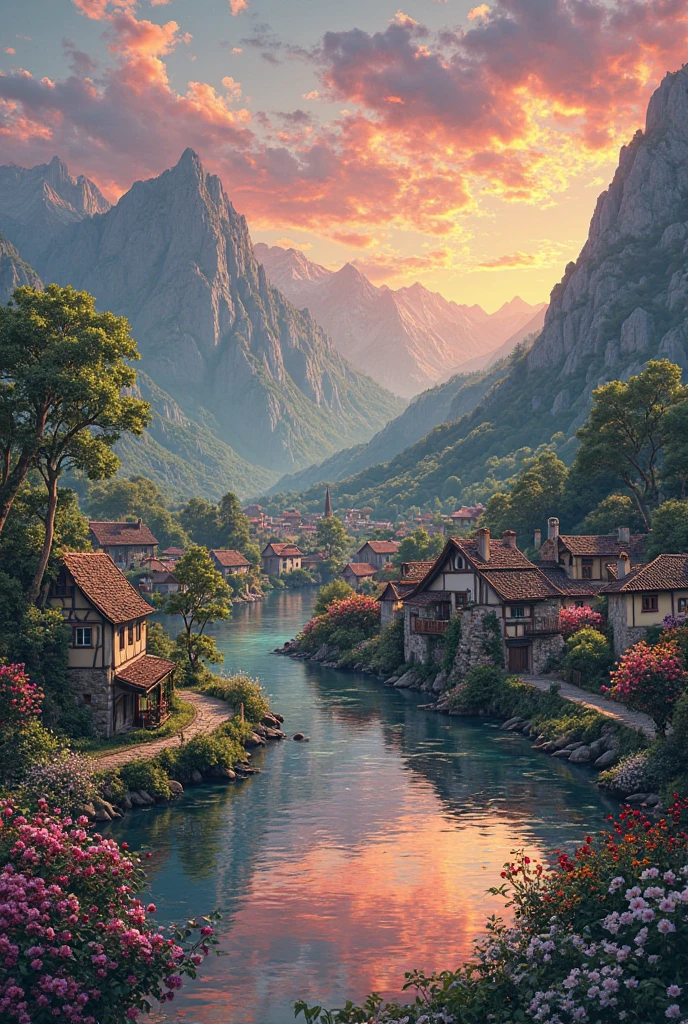 A small town by the river, mountains in the background, colorful floral flowers, detailed landscape, beautiful natural landscapes, atmospheric lighting, scorching sunset, warm colors, practical, photographic, detailed foliage, complex buildings, cobblestone street, charming country house, vibrant colors, lush vegetation, reflections in the water,  picturesque, idyllic, artwork, best quality, 8K, colors, anime style