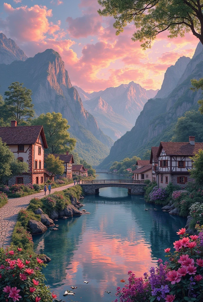 A small town by the river, mountains in the background, colorful floral flowers, detailed landscape, beautiful natural landscapes, atmospheric lighting, scorching sunset, warm colors, practical, photographic, detailed foliage, complex buildings, cobblestone street, charming country house, vibrant colors, lush vegetation, reflections in the water,  picturesque, idyllic, artwork, best quality, 8K, colors, anime style