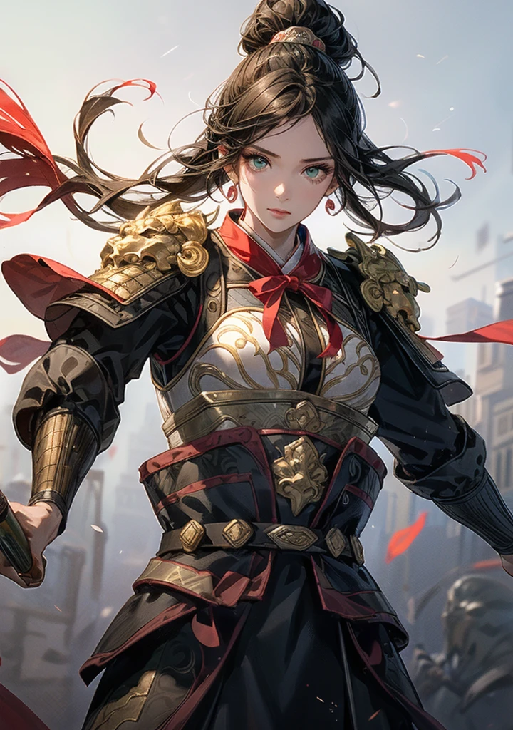 Han Dynasty landscape、Three Kingdoms、whole body、(Armor,4K,8k,high res,Great Performance:1.2)、very detailed, high res,HyperHD、studio lighting、ultra-fine painting、 sharp focus、 Physically Based Rendering、 very detailed explanation、  professional 、 of bright colors、Traditional Chinese painting techniques、 Ambient light、 Bright contrasting colors、very detailed目と顔、 Attention to Beautiful Details beautiful、 Light on the face、yoYoung woman wearing black Hanfu、(Hanfu: 1.2)、eyes are green, Perfect Body, (((Young woman)))、anatomically correct、 Dynamic Gesture、