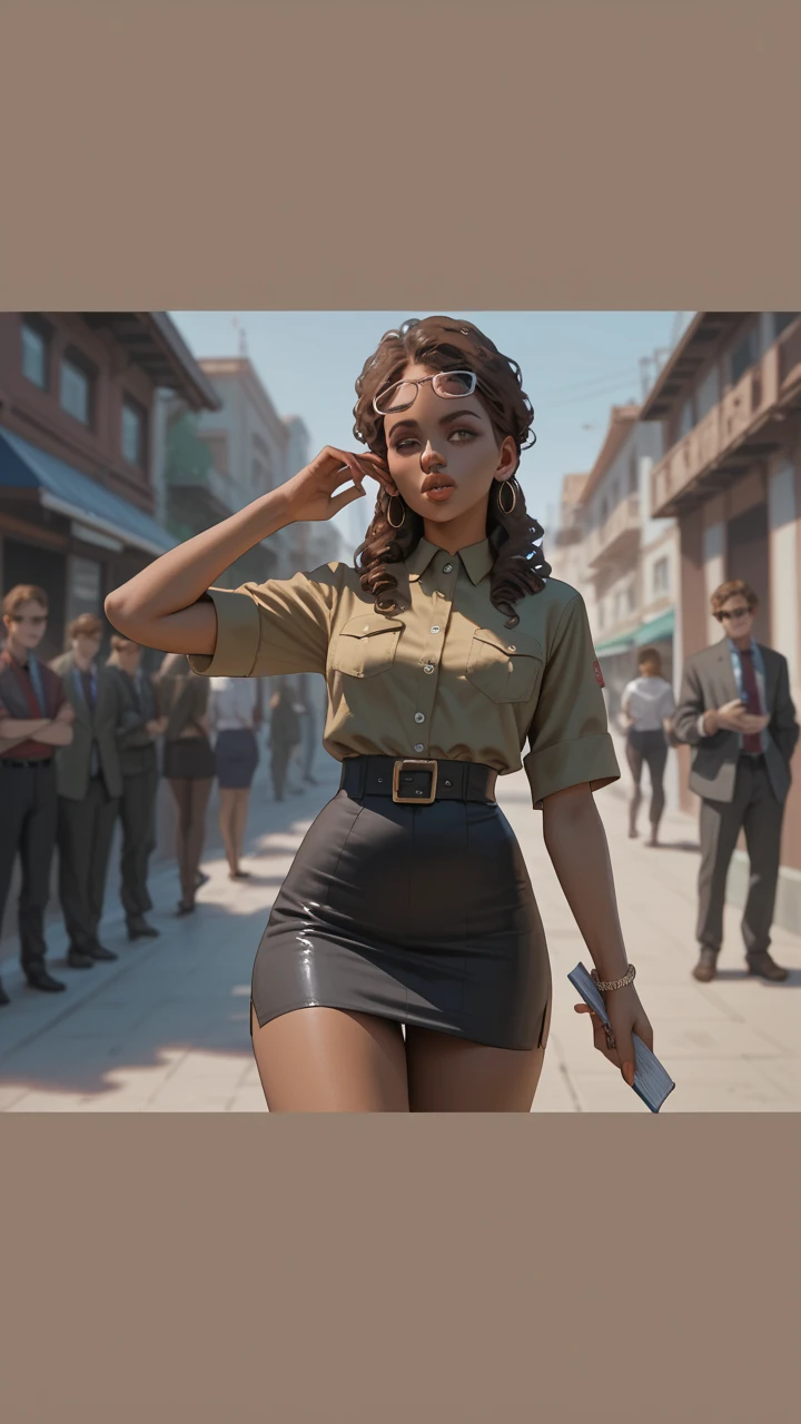A black-skinned woman, curly brown hair, Thick lips, slender body,  wearing office clothes  