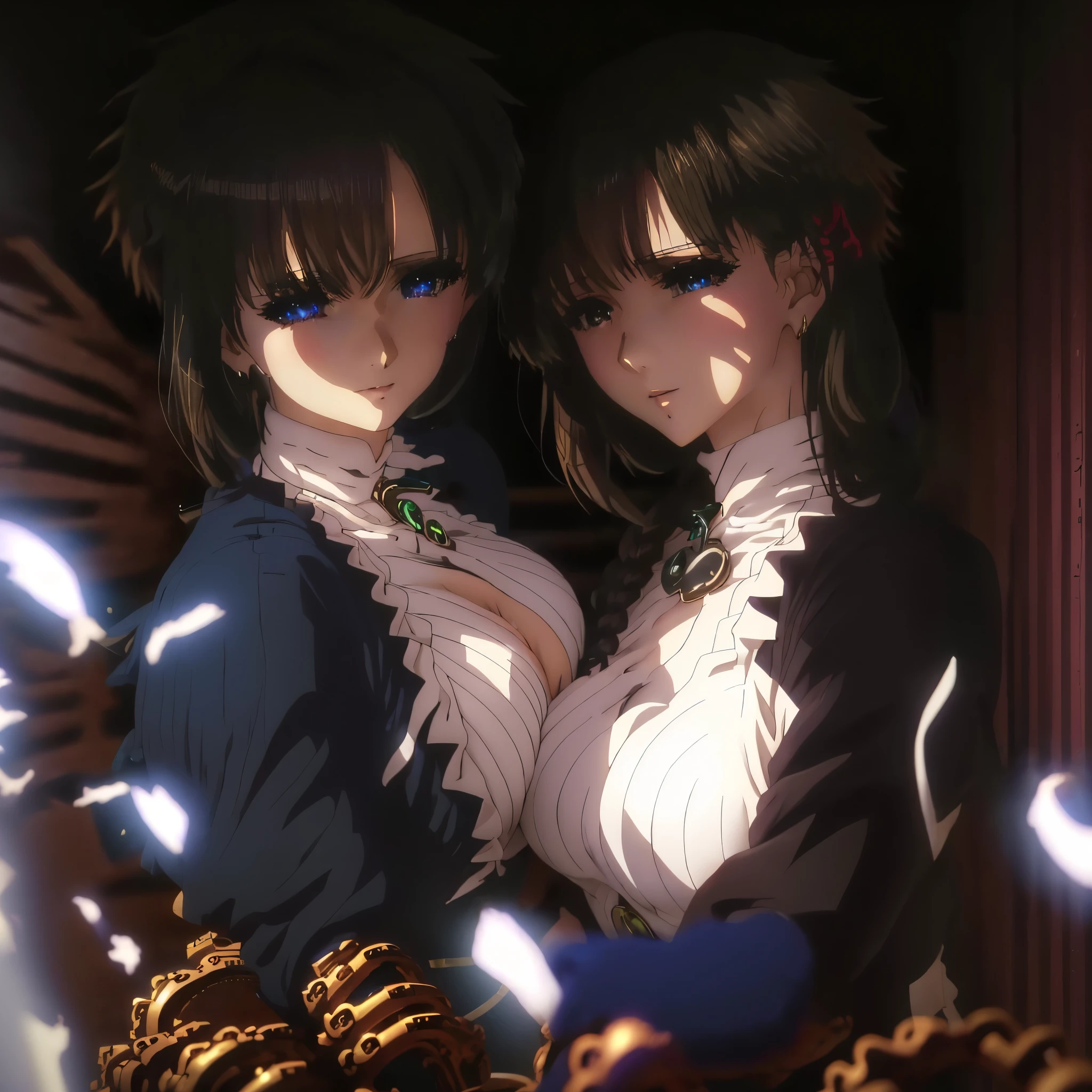 violet evergarden, anime girls with big breasts posing in fashionable clothes at street, oppai, wlop and sakimichan, oppai proportions, two beautiful anime girls(violet evergarden and yuki yokoya), big breasts!, big breasts!!, anime girls, with a large breasts, biomechanical oppai, twintails, beauty eyes, faint smile on her face, hd, high quality image, head accessories
