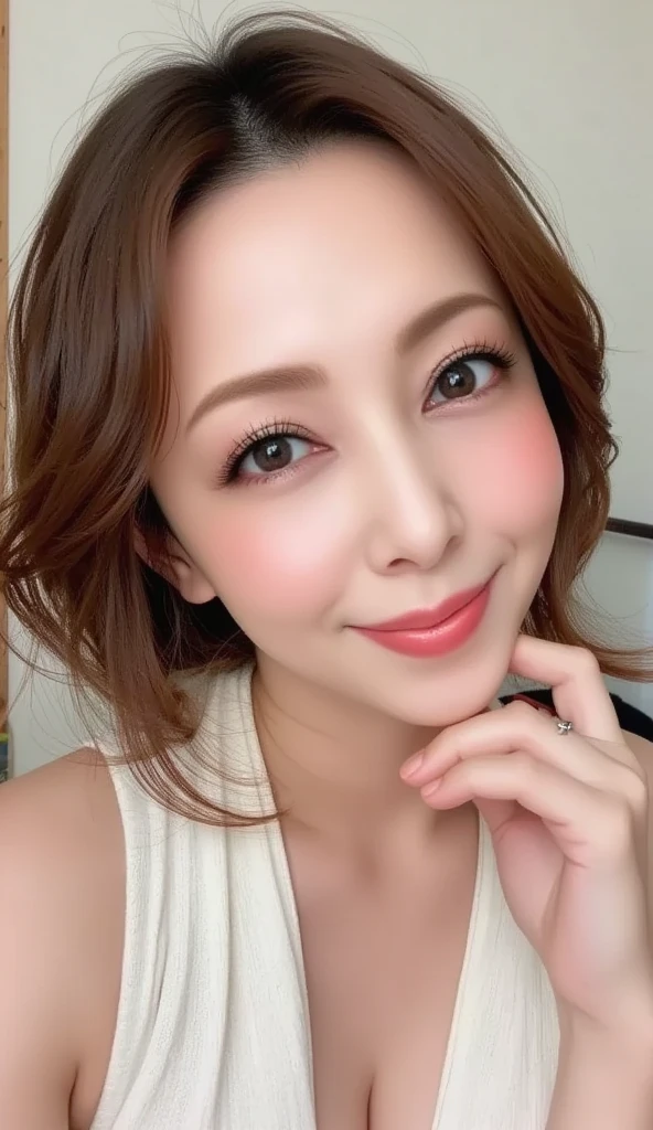 Daughter (Masterpiece:1.4), (8K, Real, Raw Picture, Best Quality: 1.4), Japan People, (1 girl), Beautiful Face, (Realistic Face:1.4), (Caramel Hair, Long Hair:1.3), Beautiful Hairstyle, Realistic Blue Eyes, Beautiful Detailed Eyes, (Realistic Skin:1.3), Beautiful Skin, Attractive, Ultra High Definition, Ultra Realistic, Very Detailed, Golden Ratio, (Detailed Face: 1.4), (Minami Aizawa), Tank top, black hair, white see-through panties, NSFW, nipple areola shape stands out, look here, sitting on sofa, pubic shape see-through, drenched in sweat
