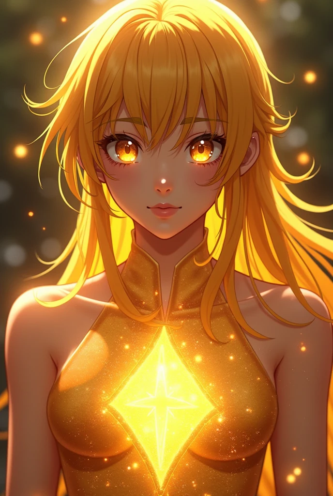 I could make an anime character,  hair with golden eyes, golden hair, Physically handsome, with a golden gem on his ????? and a golden speck coming out of that gem spreading around her as if it were a skin condition