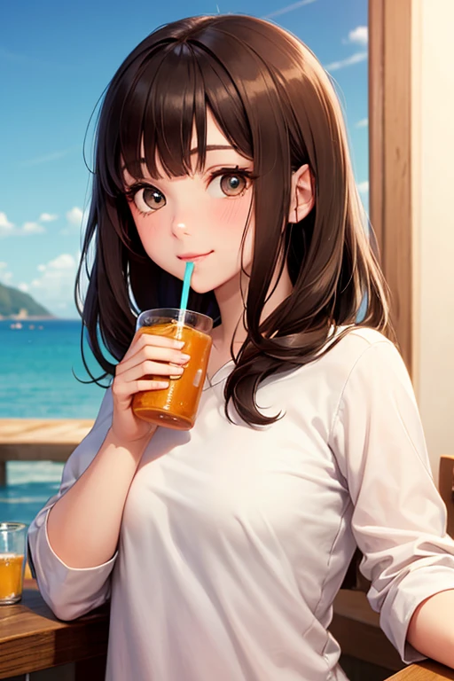 Ultra-detailed, High resolution, (Awareness-raising:1.4), 8K, RAW Photos, (masterpiece), (Best image quality), Physical Rendering, Female college student, Long brown hair, South Korea, Beach, By appearance, bikini,maikurobiki,The Sunset Sun,Red Sky,Beach,holding a coffee cup in hand