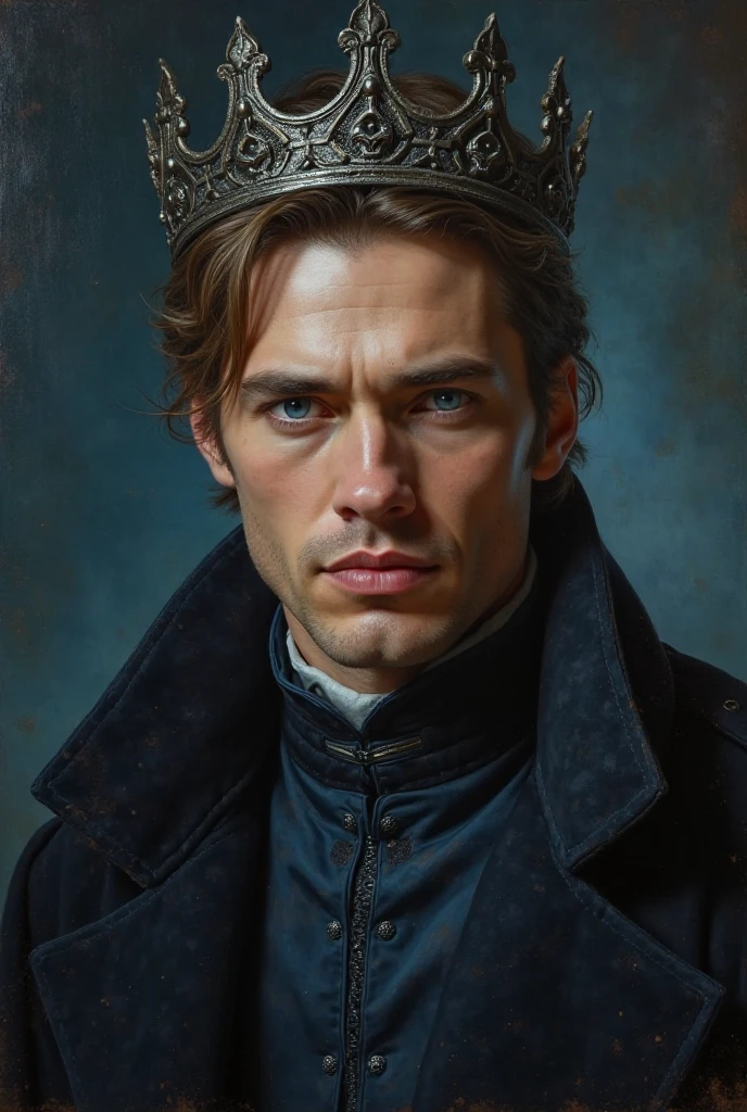 A traditional oil painting portrait of a man in his early 30s, with the same facial features and hairstyle as the man in the first reference photo (blue sky background). He has piercing blue eyes, a sharp jawline, high cheekbones, and a slightly furrowed brow. He is slightly smirking, giving off a dangerous and powerful vibe. He wears an elegant outfit in dark blue and black, inspired by dark fantasy royalty. On his head is a large, majestic crown in dark gray metal, decorated subtly. The lighting is dramatic but clear, like in a Rembrandt painting — not too dark, his face is clearly visible with deep shadows and warm highlights. The background is moody and dark, enhancing the ominous feel. The overall style is like a classical oil painting, textured and realistic, with a slightly fantastical tone. He should look handsome and charismatic, with a strong presence.