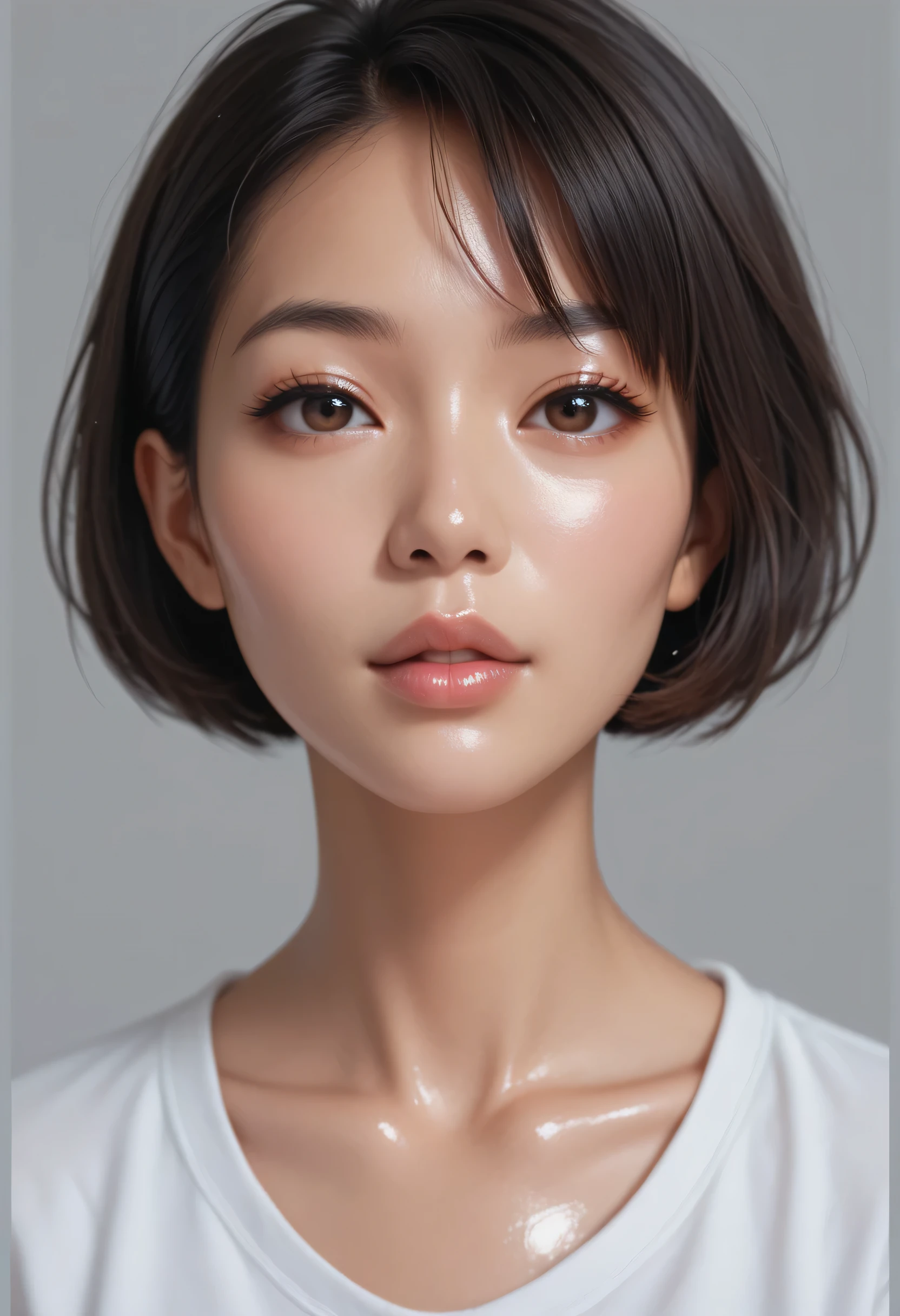 1girl, solo, grey background, lips, short hair, nose, shirt, asian, collarbone, looking at viewer, simple background, artist name, white shirt, shiny skin