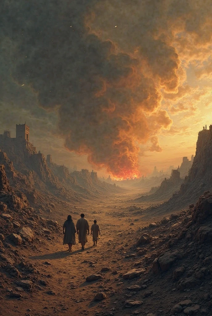 After the destruction of Sodom and Gomorrah, a vast, barren landscape stretches out under a dark, tumultuous sky. Thick plumes of smoke rise from the smoldering ruins of the cities in the distance, where shattered stone buildings lie in jagged heaps, half-submerged in scorched earth. The ground is cracked and dry, with patches of charred soil and the remnants of once lush vegetation now reduced to ash. The air is heavy with a haunting, eerie stillness, broken only by the occasional gust of wind swirling dust and soot through the desolation. In the foreground, Lot and his family are seen in the distance, walking away from the ruins, their silhouettes faint against the fiery horizon. The figures are cloaked in tattered clothing, their faces somber and strained. The faint glow of fire still illuminates the sky, casting an orange hue over the scene. The atmosphere is thick with a sense of sorrow, loss, and finality, as the remnants of the cities lay silent beneath the dark, cloud-filled sky